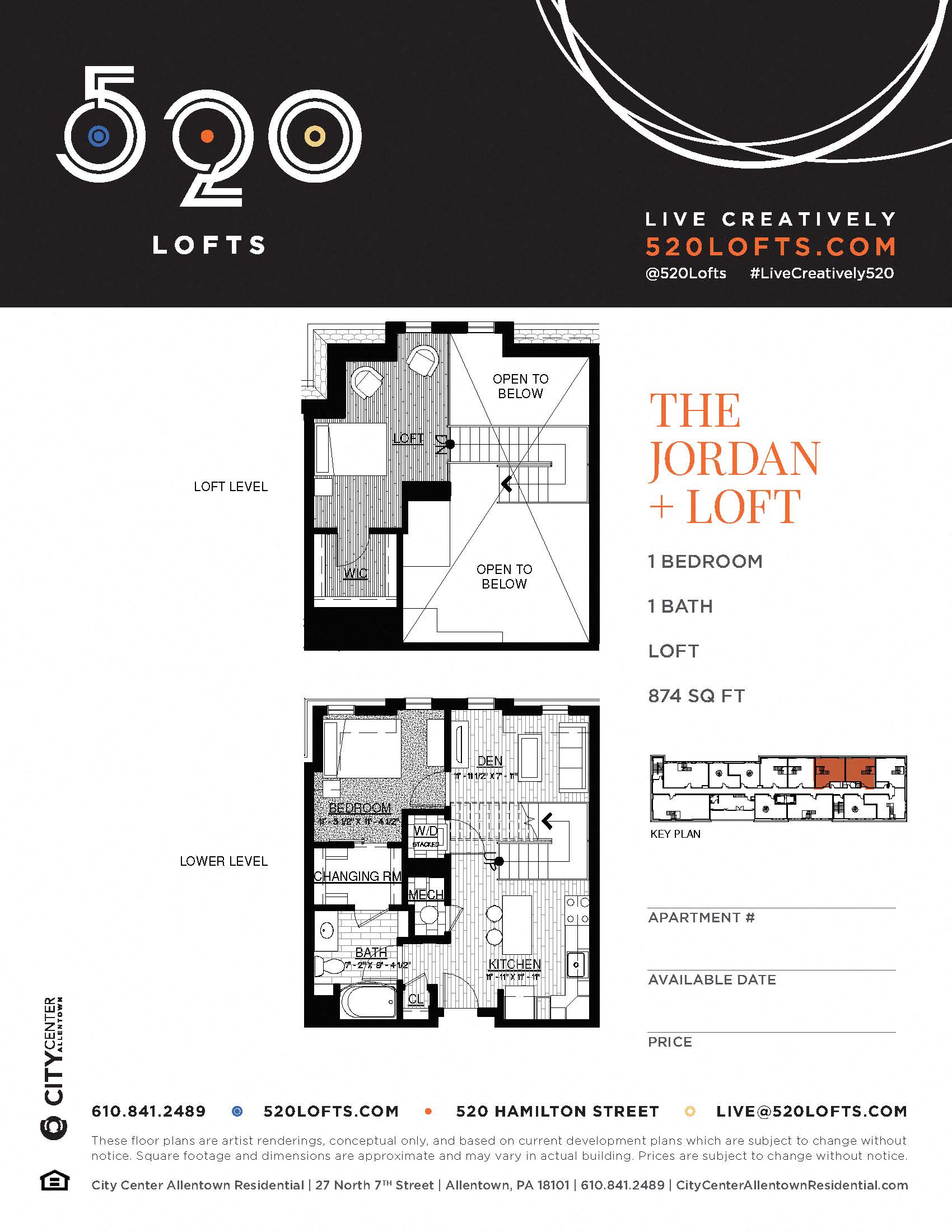 Floor plan for 1 bed, 1 bath, 874 sqft